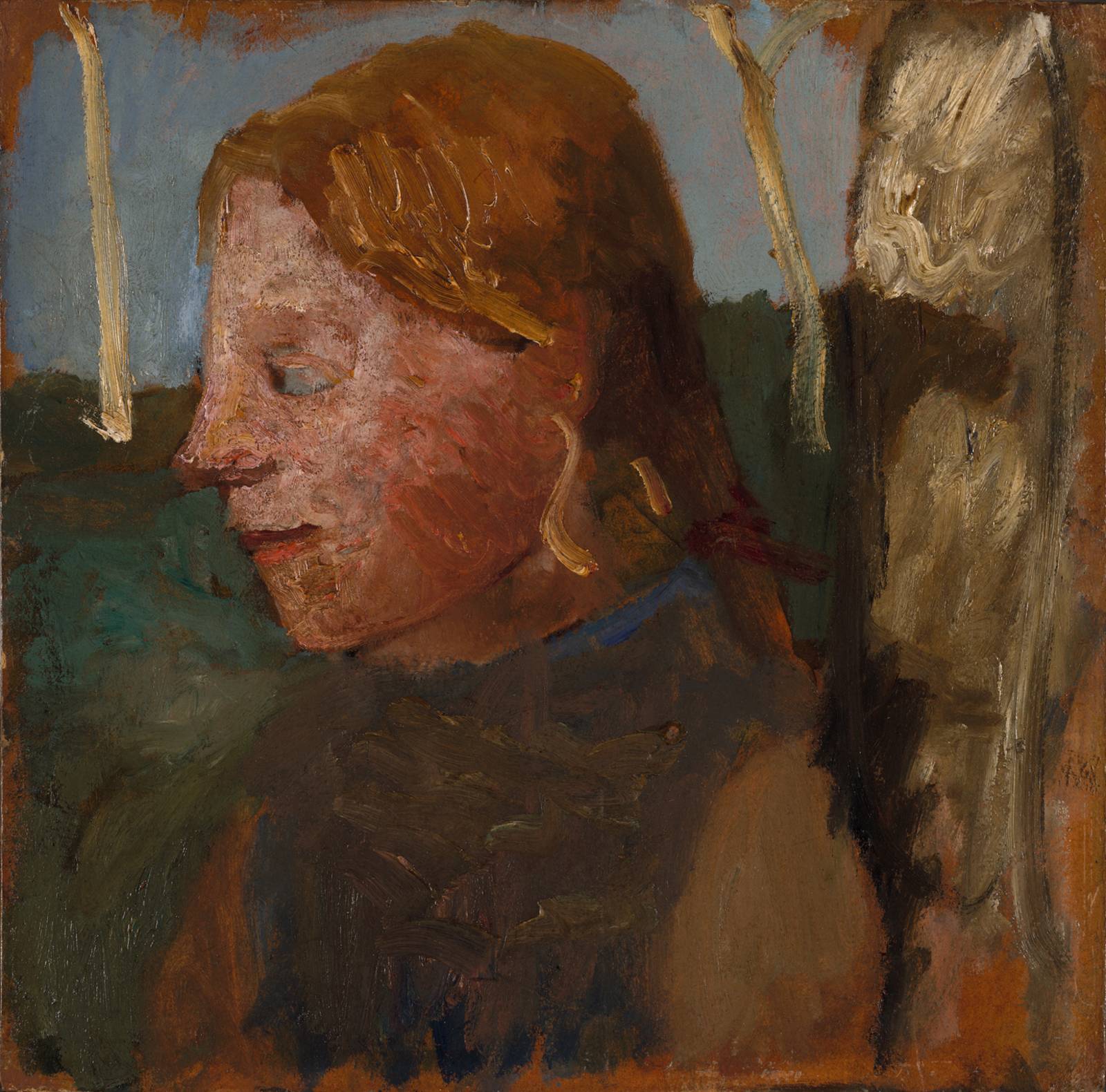 Das Bild zeigt ein Gemälde der Malerin Paula Modersohn-Becker und zeigt das Brustbild eines Mädchens im Profil.