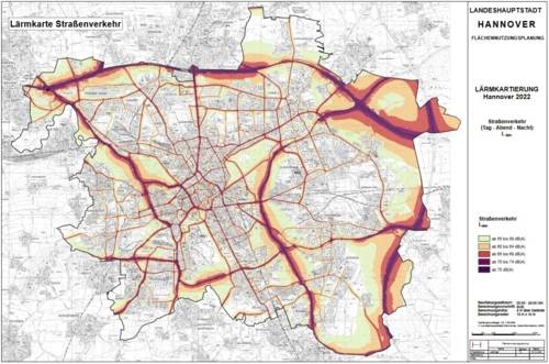 Eine Karte, in der der Lärm durch Straßenverkehr grafisch dargestellt ist.