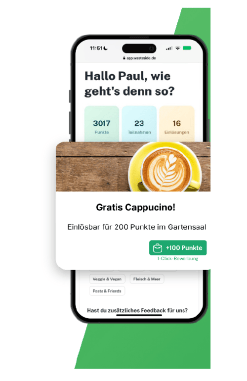 Grafik eines Mobiltelefons, darauf der Text "Hallo Paul, wie geht's senn so?" und farbige Kästen mit Zahlen für Punkte, Teilnehmende und Einlösung. Darauf ein übergelagerter Textkasten mit einer Tasse Kaffee und dem Text "Gratis Cappucino! Eionlösbar für 200 Punkte im Gartensaal"