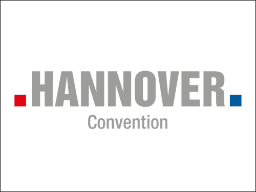 Logo von „Hannover Convention“ mit grauer Schrift auf weißem Hintergrund, ergänzt durch einen roten und blauen Punkt.