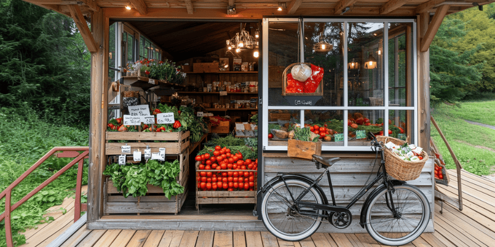 Hofladen mit frischem Gemüse und Fahrrad mit Einkaufskorb davor.