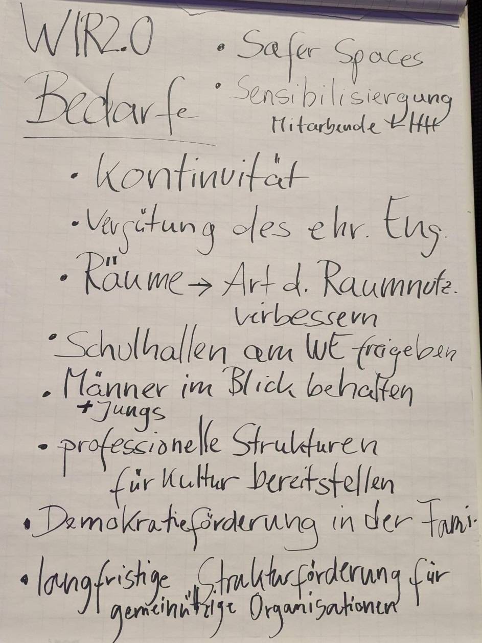 Eine Flipchart-Seite mit der Überschrift "WIR2.0 Bedarfe". Die handschriftlichen Punkte auf der Seite beinhalten unter anderem "Safer Spaces", "Kontinuität" und "langfristige Strukturförderung".