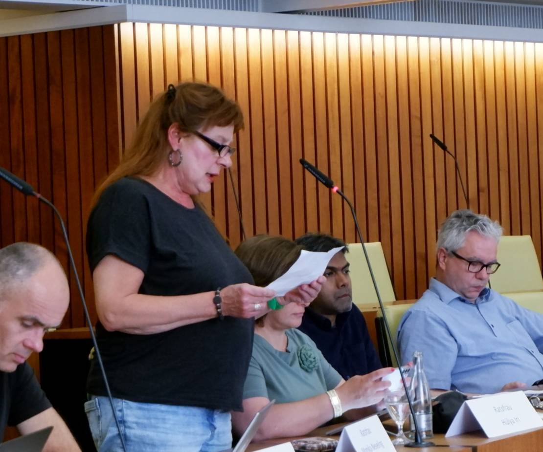 Eine Frau in schwarzem T-Shirt steht vor einem Mikrofon und spricht hinein. Sie hält einen Zettel in der Hand, von dem sie anscheinend abliest. Links und rechts von ihr sitzen weitere Personen.