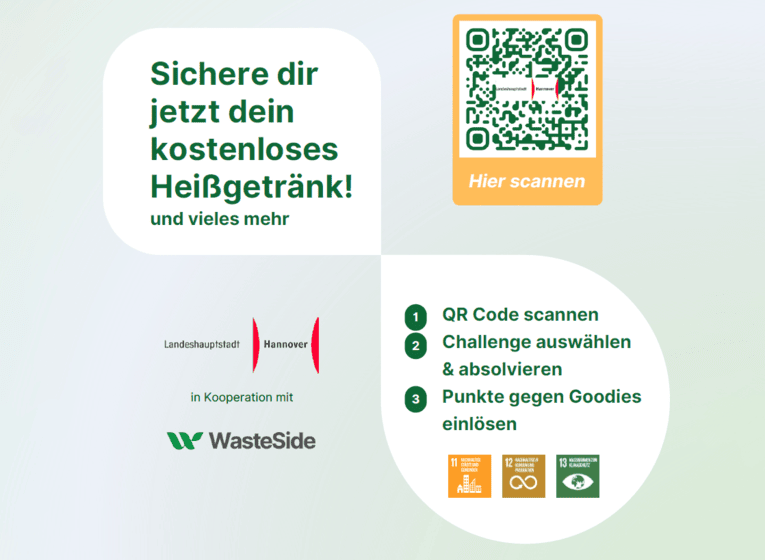 Grafik mit einer Anleitung und einem QR-Code: Sichere dir jetzt dein kostenloses Heißgetränk! und vieles mehr.