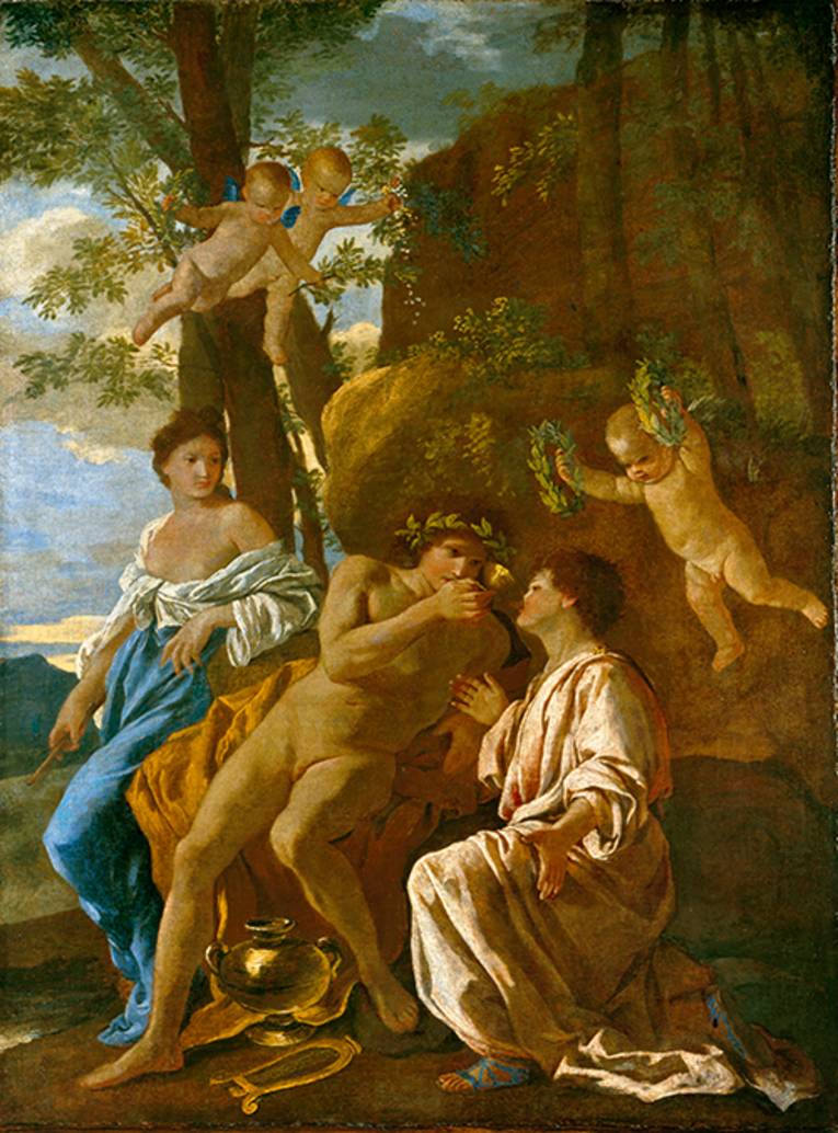 Das Bild zeigt das Gemälde des Malers Nicolas Poussin und trägt den Namen "Die Inspiration des Dichters"