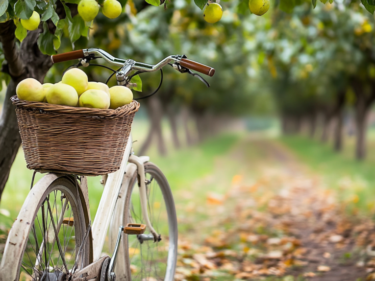 Fahrrad mit Korb voller Äpfel in einer Obstplantage.